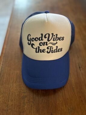 Good Vibes on the Tides Trucker Hat - Blue & Cream